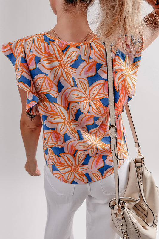 Orange Summer Flower Print Notched Neck Ruffle Sleeve Blouse