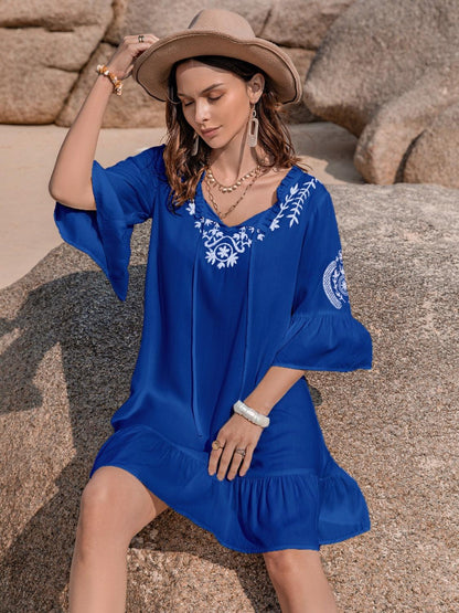Printed Tie Neck Flounce Sleeve Mini Dress Carauana Store
