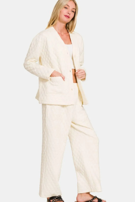 Zenana Quilted Button Up Long Sleeve Top and Pants Lounge Set Carauana Store