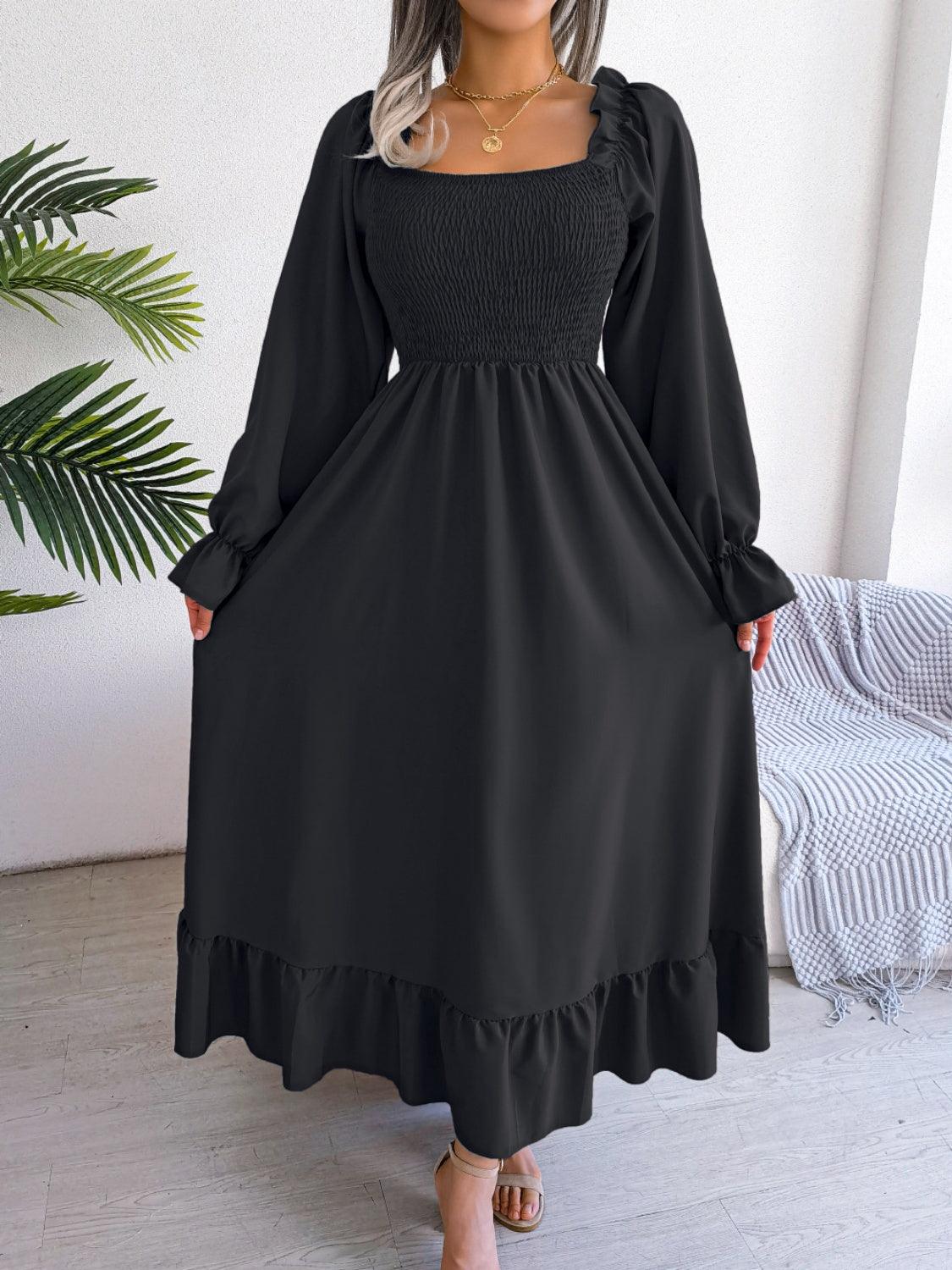 Smocked Square Neck Flounce Sleeve Dress Carauana Store