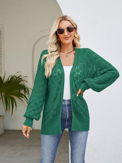 Openwork Open Front Lantern Sleeve Cardigan Carauana Store