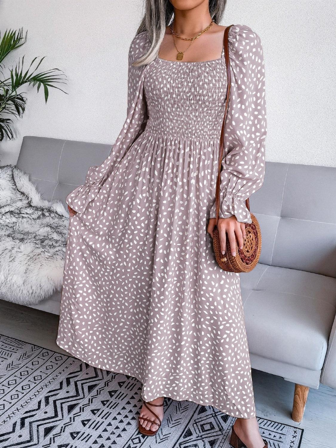 Smocked Square Neck Flounce Sleeve Dress Carauana Store