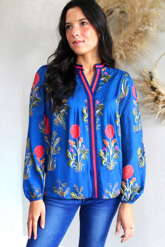 Blue Floral Print Contrast Striped Trim Notched Neck Long Sleeve Blouse