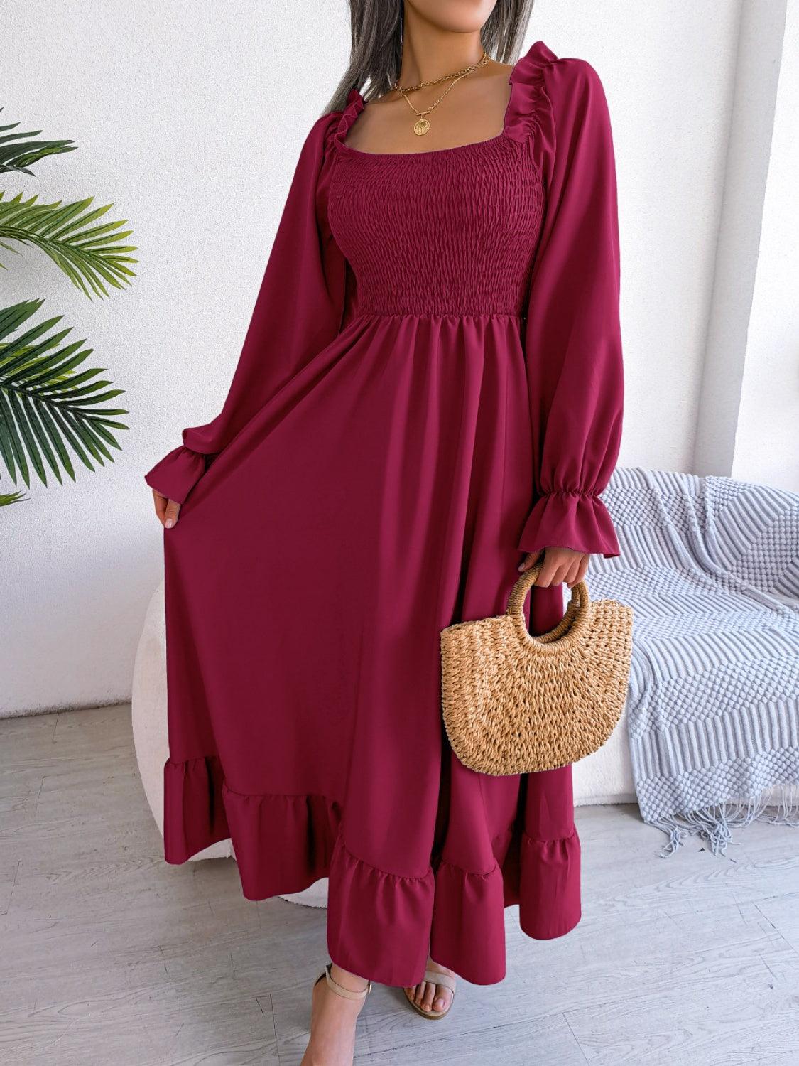 Smocked Square Neck Flounce Sleeve Dress Carauana Store
