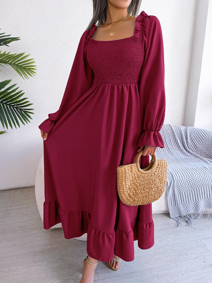 Smocked Square Neck Flounce Sleeve Dress Carauana Store