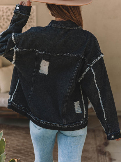 Button Up Raw Hem Distressed Denim Jacket Carauana Store