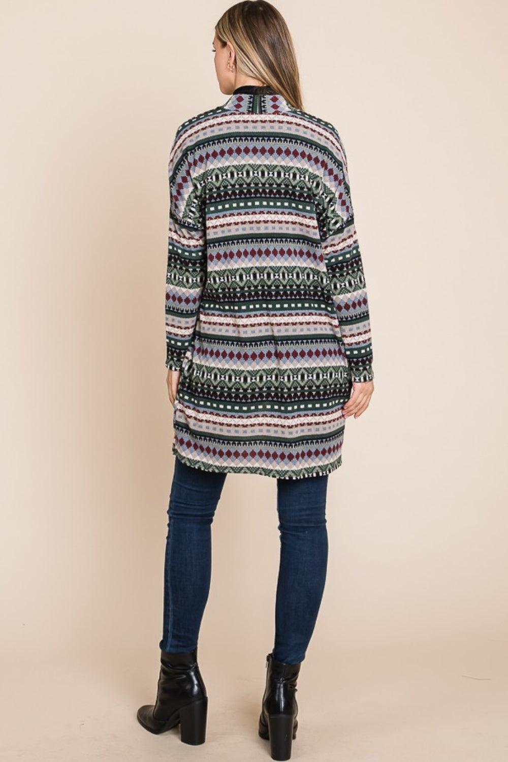 BOMBOM Geometric Open Front Long Sleeve Cardigan with Pockets Carauana Store