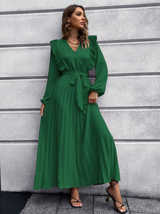 Pleated Surplice Tie Waist Maxi Dress Carauana Store
