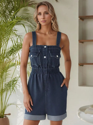 Wide Strap Denim Romper with Pockets