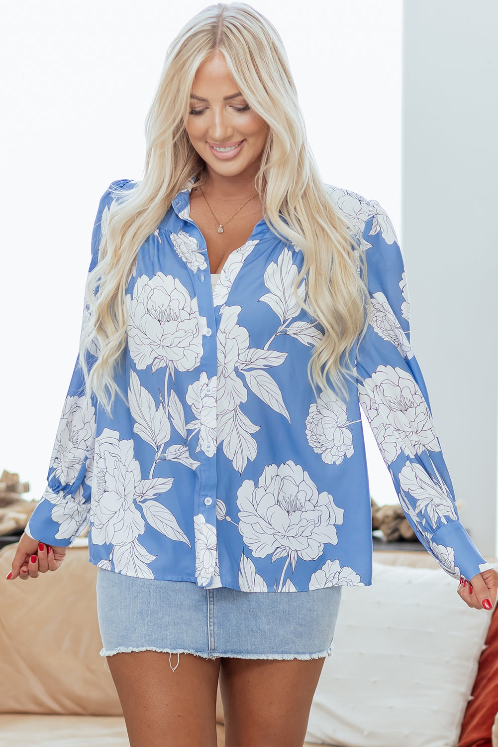 Sky Blue Floral Print Button Up Pleated Detail Puff Sleeve Shirt