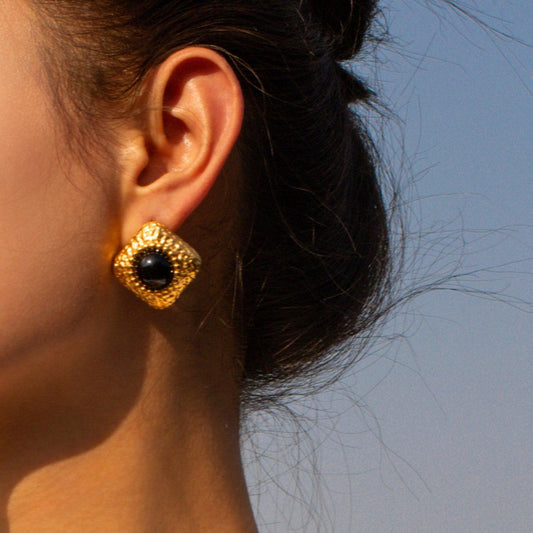 Square Stainless Steel Natural Black Onyx Earring Carauana Store