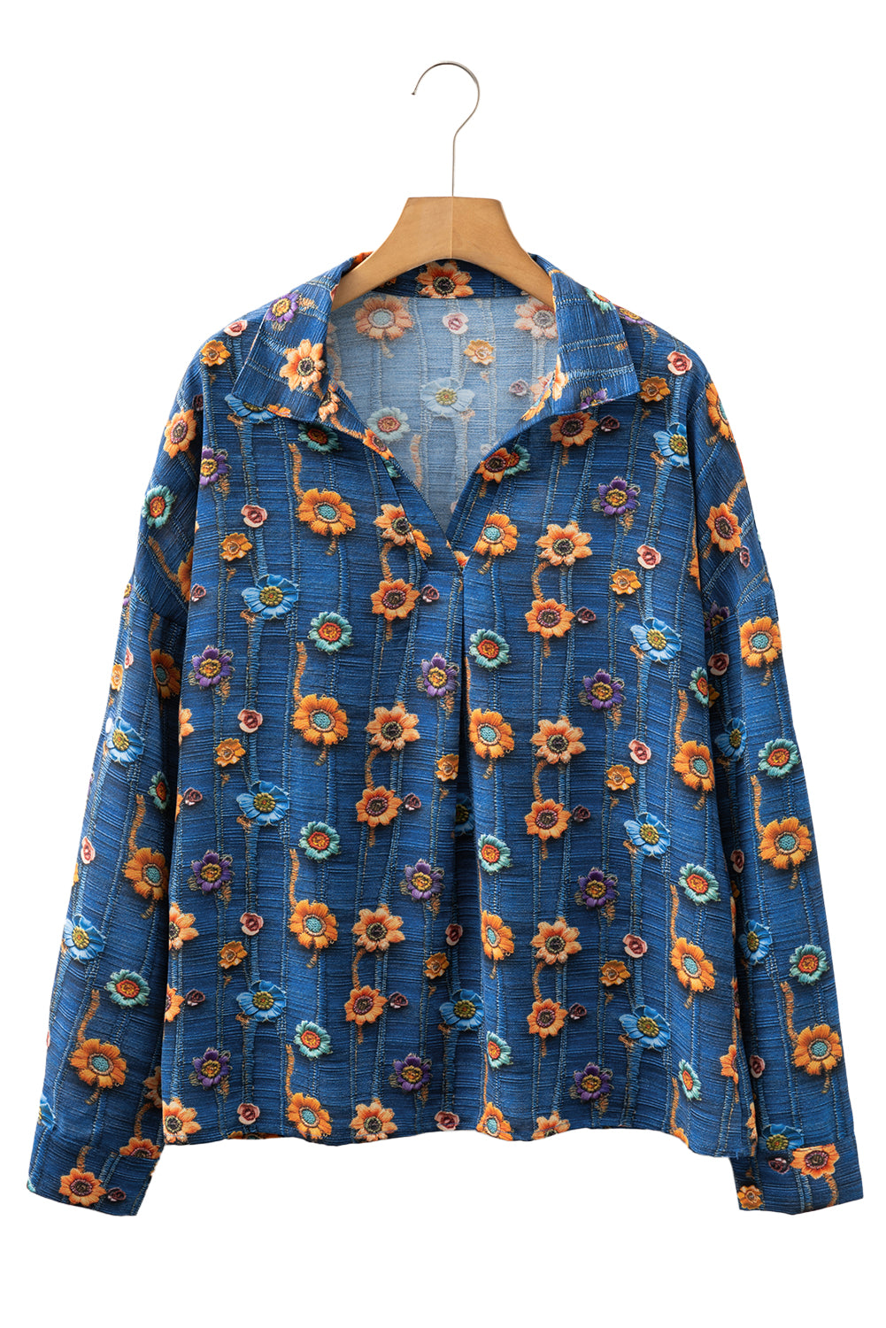 Blue Floral Collared V Neck Roll up Sleeve Shift Blouse