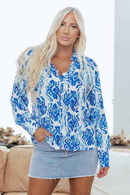 Sky Blue Ethnic Printed Tie Split Neck Button Front Puff Sleeve Shirt