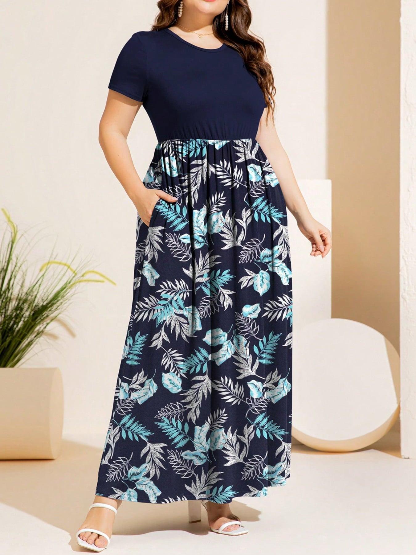 Plus Size Printed Round Neck Short Sleeve Maxi Dress Carauana Store
