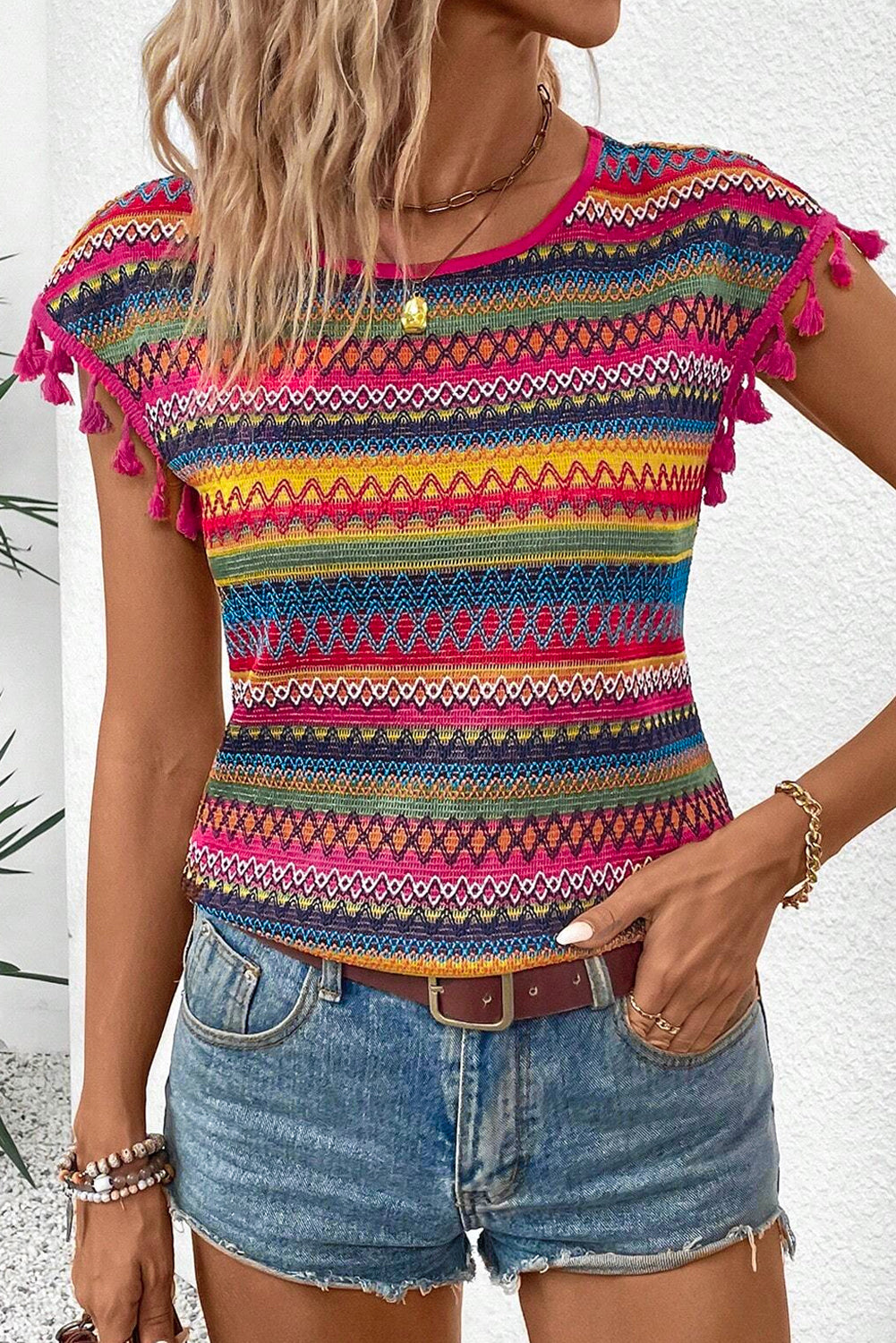 Rose Red Jacquard Textured Tasseled Cap Sleeve Top - CaRaUaNa Fashion