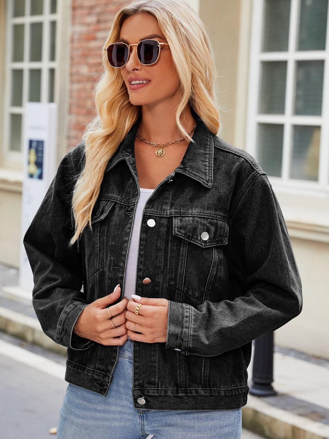 Pocketed Collared Neck Denim Jacket Carauana Store