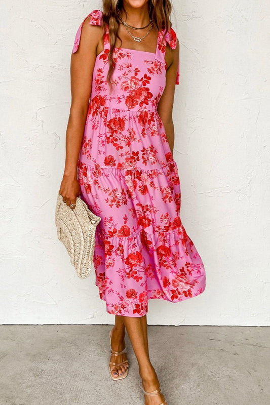 Tied Printed Sleeveless Tiered Dress Carauana Store