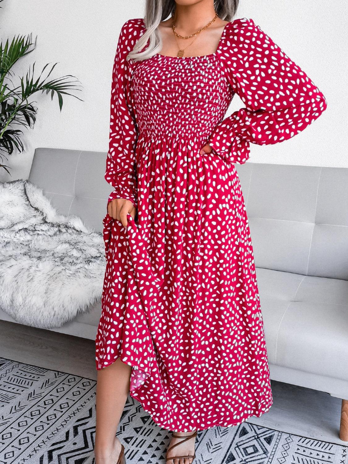 Smocked Square Neck Flounce Sleeve Dress Carauana Store