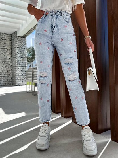 Distressed Star Straight Jeans with Pockets Carauana Store