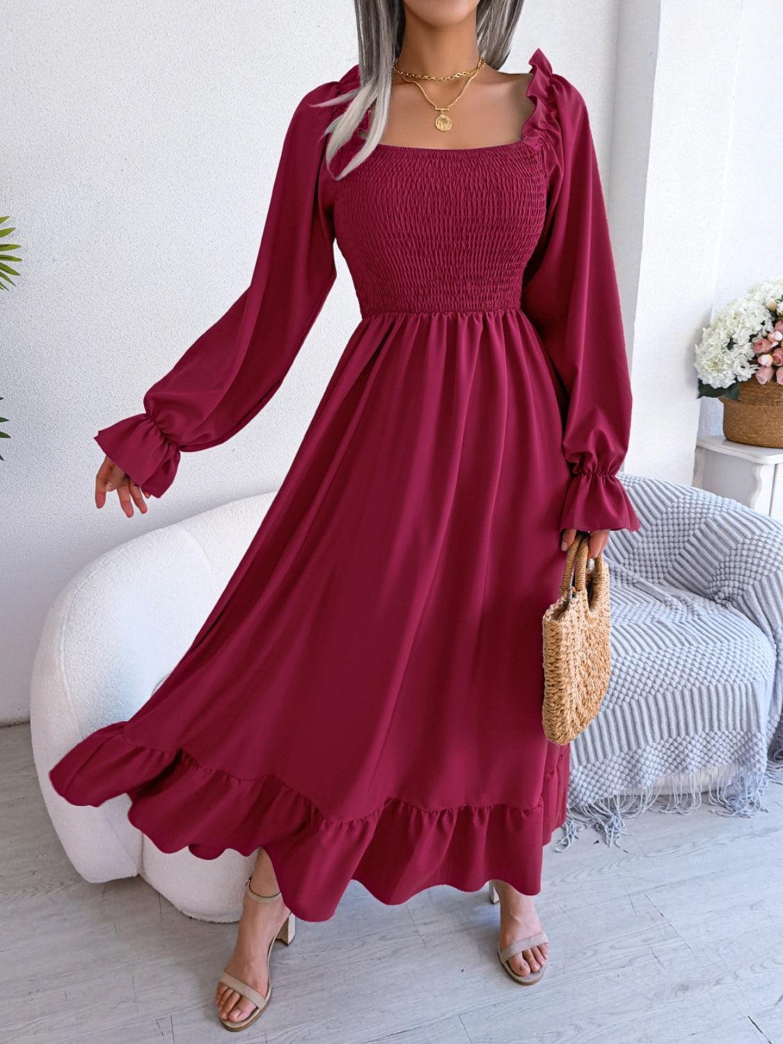 Smocked Square Neck Flounce Sleeve Dress Carauana Store
