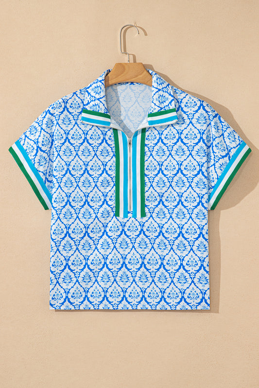 Sky Blue Western Print Zipped Collar Short Sleeve Summer Blouse Top