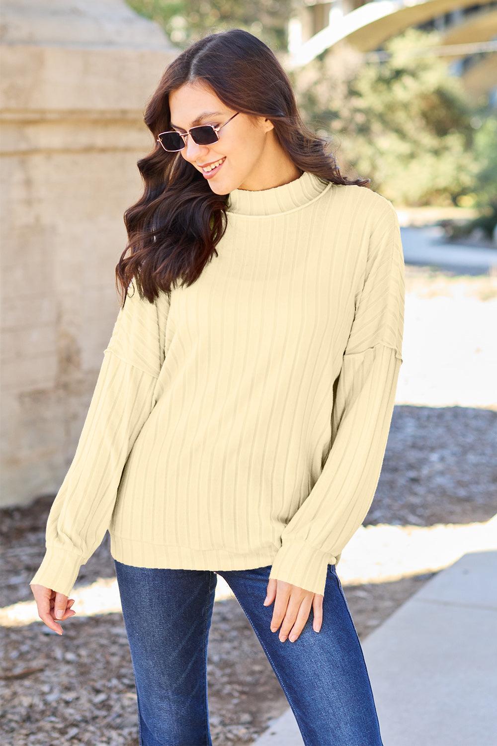 Basic Bae Full Size Ribbed Exposed Seam Mock Neck Knit Top Carauana Store