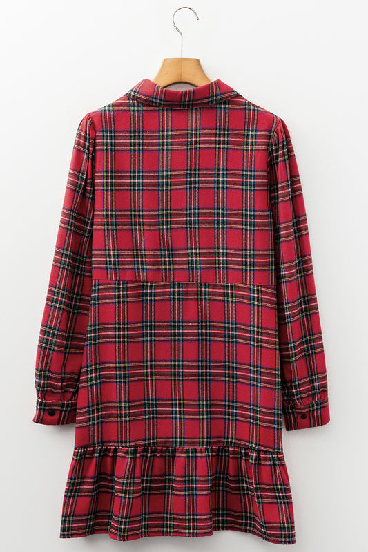 Red Plaid Shirt Collar Half Button Ruffle Hem Long Sleeve Mini Dress