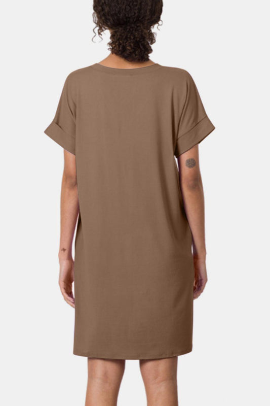 Zenana Rolled Short Sleeve V-Neck Dress Carauana Store