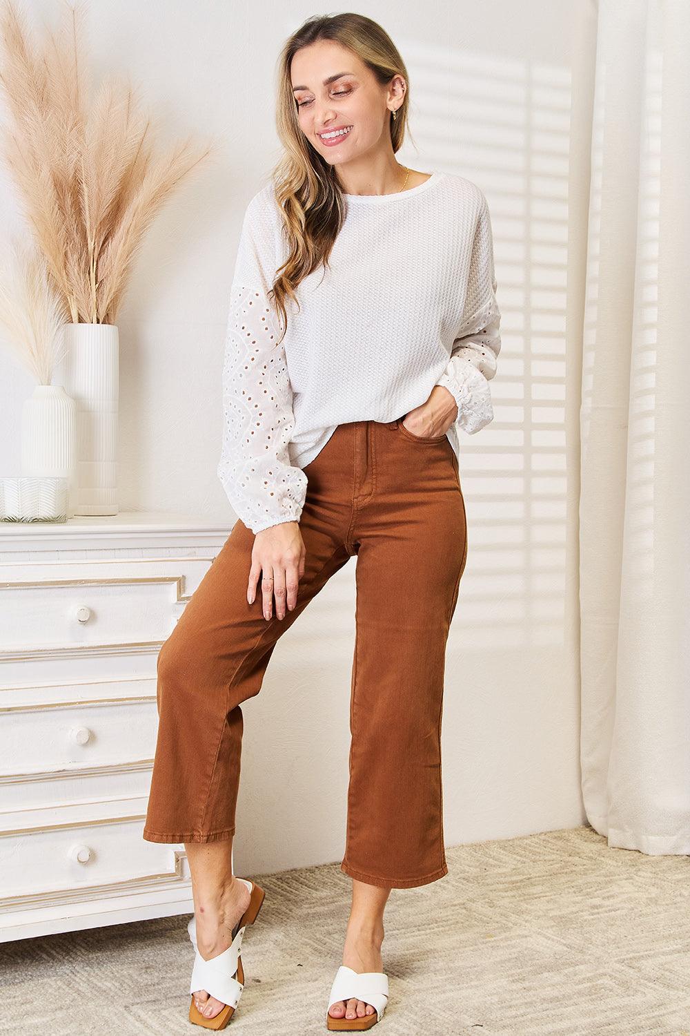 Shiny Eyelet Dropped Shoulder Round Neck Blouse Carauana Store