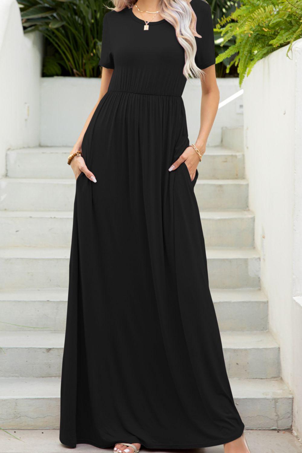 Round Neck Maxi Tee Dress with Pockets Carauana Store