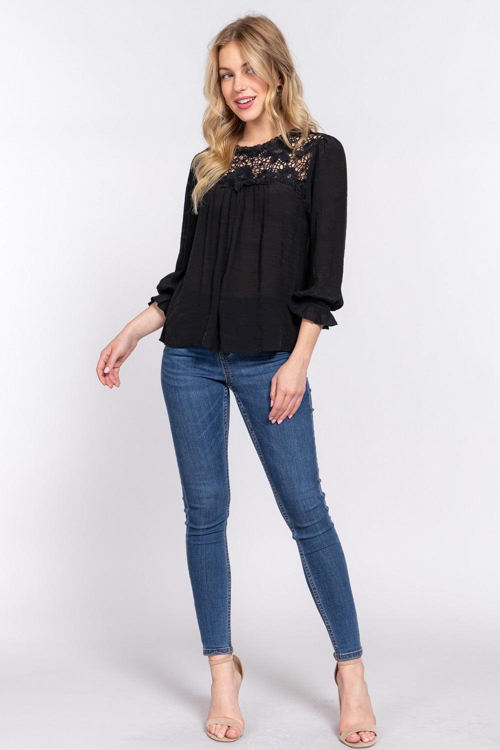 ACTIVE BASIC Crochet Lace Panel Flounce Sleeve Blouse Carauana Store