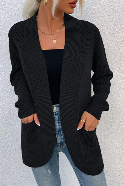 Open Front Rib-Knit Cardigan with Pockets