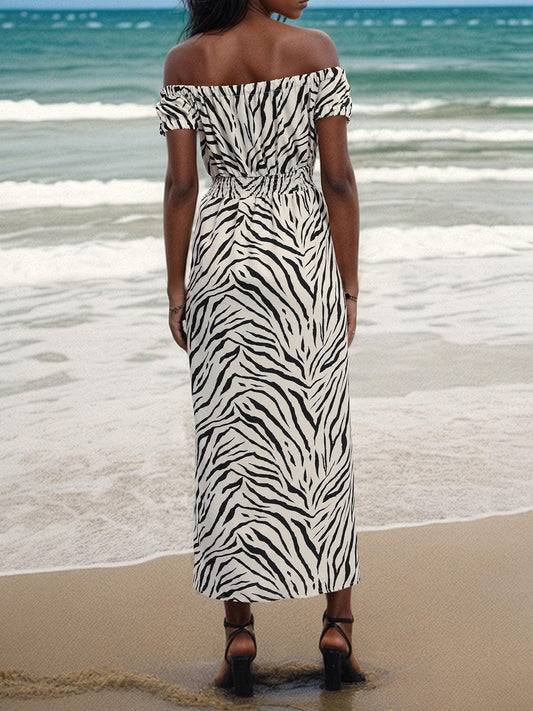 Slit Animal Print Off-Shoulder Midi Dress Carauana Store