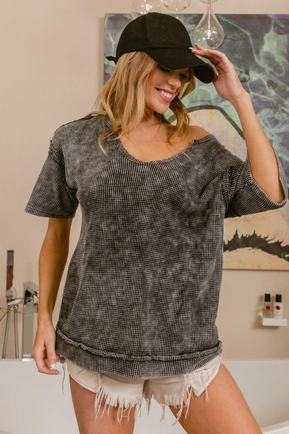 BiBi Washed Notched Short Sleeve Top Carauana Store