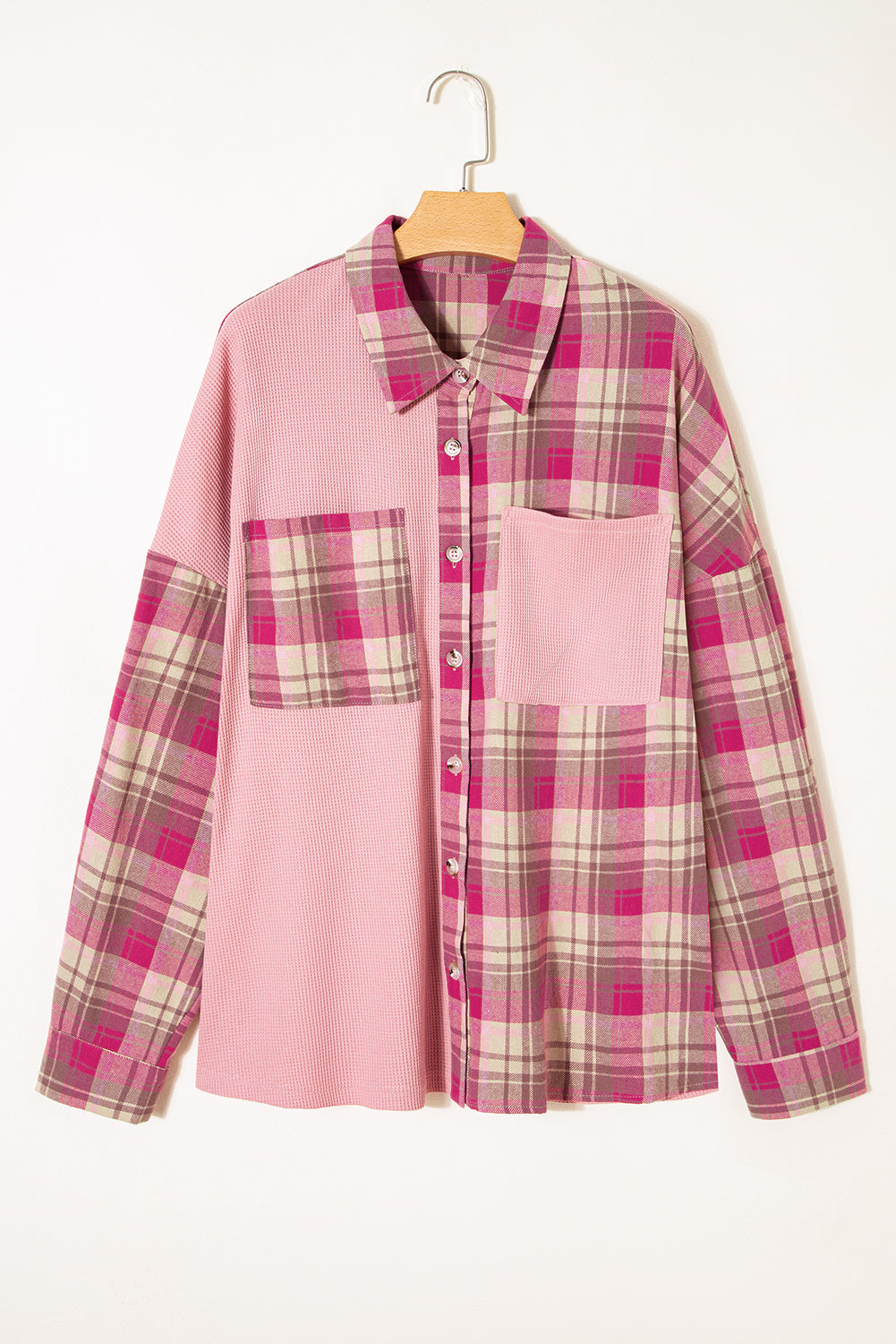 Pink Waffle Patch Pocket Plaid Patchwork Plus Size Shirt