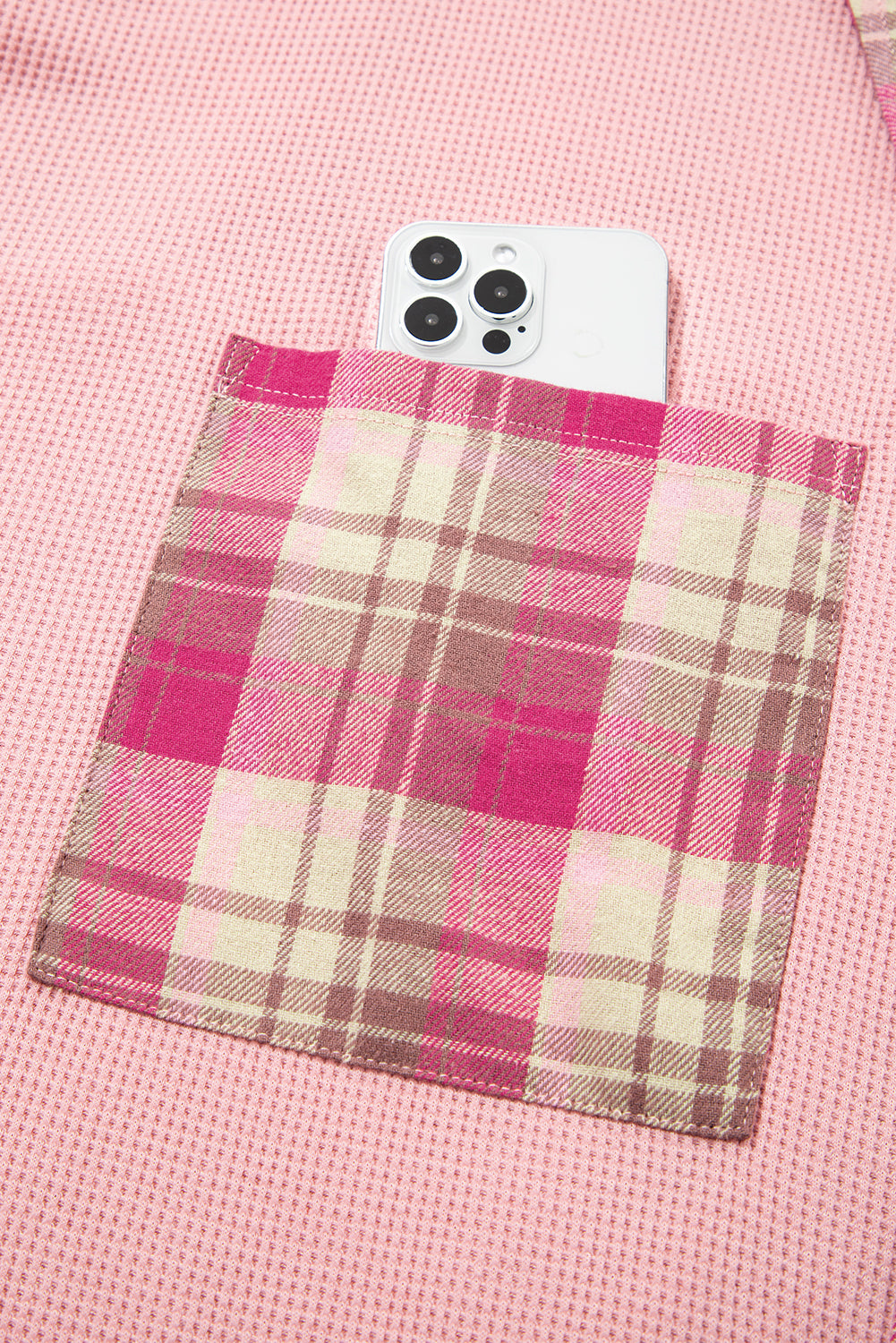 Pink Waffle Patch Pocket Plaid Patchwork Plus Size Shirt