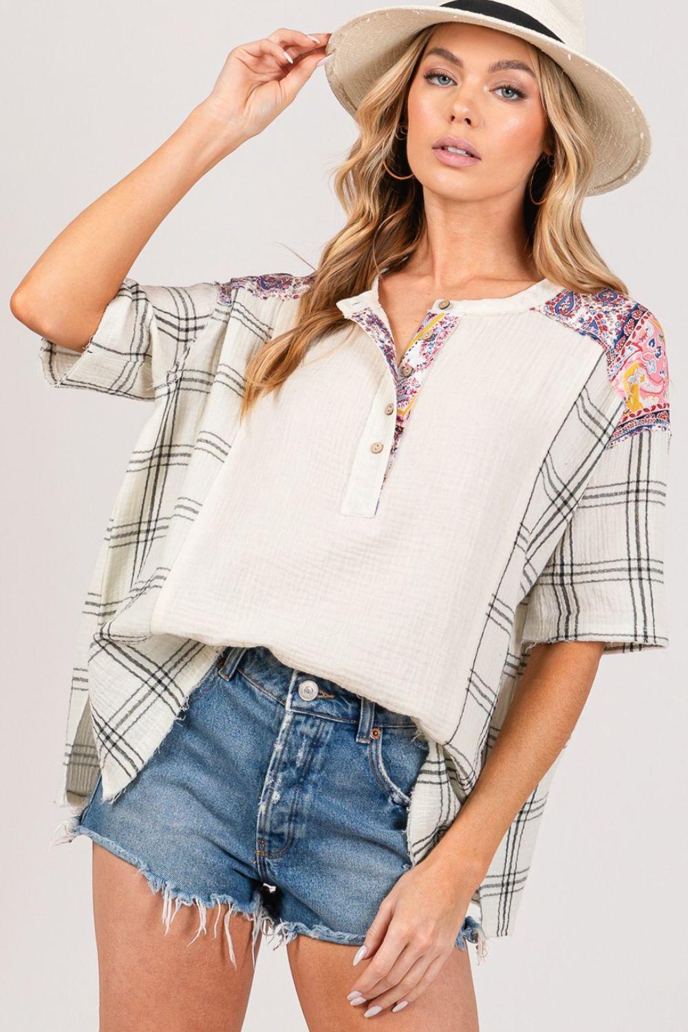 SAGE + FIG Plaid Half Button Gauze Top Carauana Store