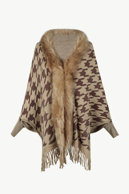 Houndstooth Fringe Hem Poncho Carauana Store