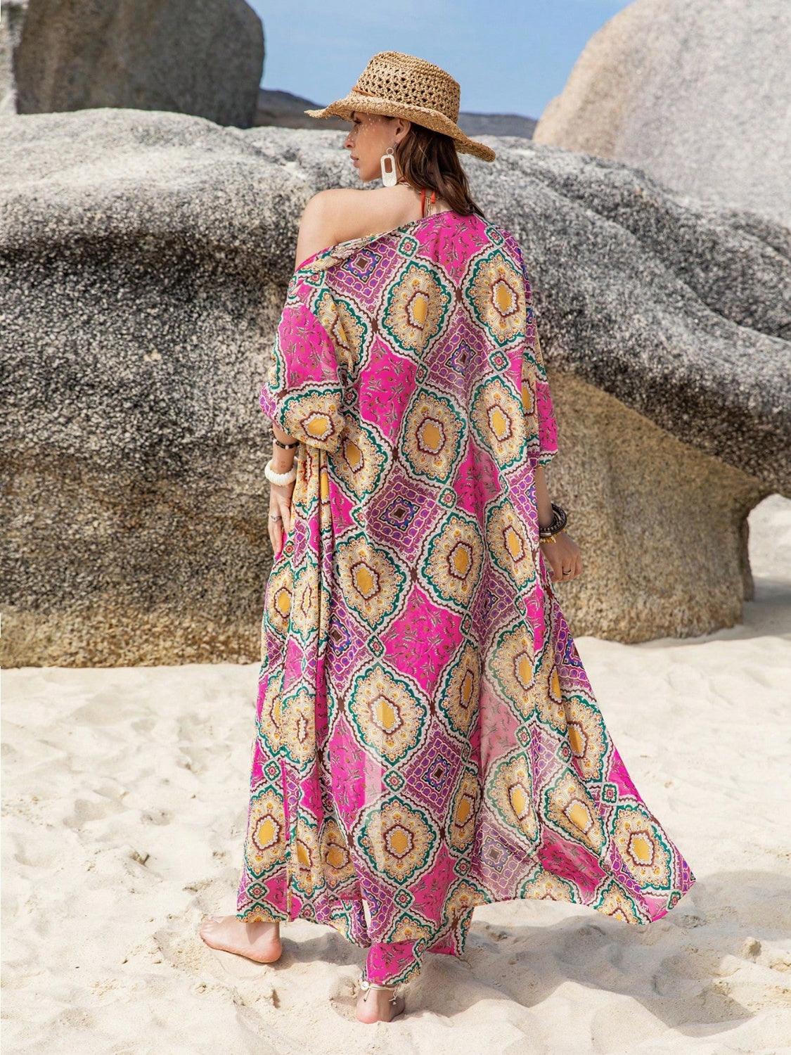 Printed Open Front Cardigan and Pants Set Carauana Store