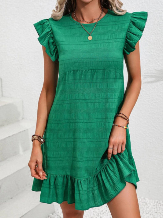 Ruffled Round Neck Cap Sleeve Mini Dress Carauana Store