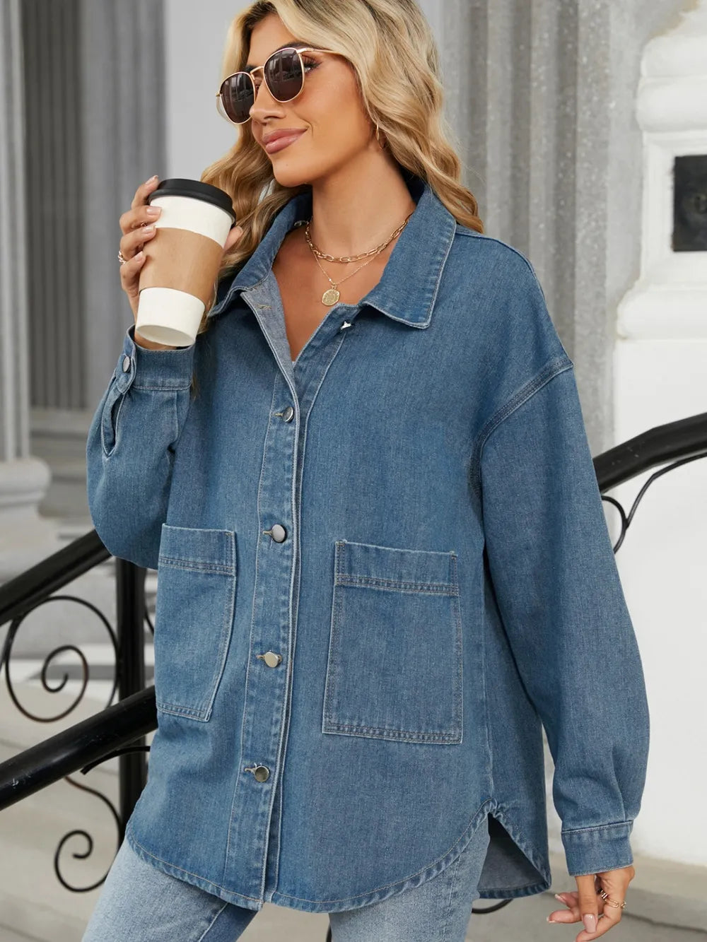 Removable Hood Button Up Long Sleeve Denim Jacket Carauana Store