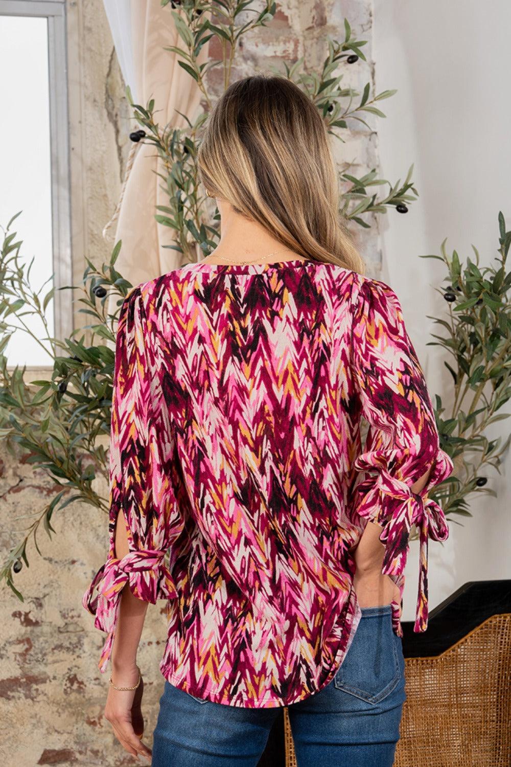 Sew In Love Full Size Printed V-Neck Blouse with Sleeve Knot Carauana Store