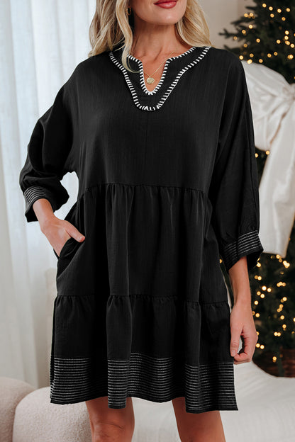 Black Contrast Stitched V Neck 3/4 Sleeve Tiered Mini Dress