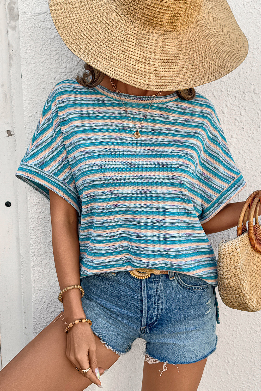 Multicolour Striped Wide Sleeve Loose T Shirt