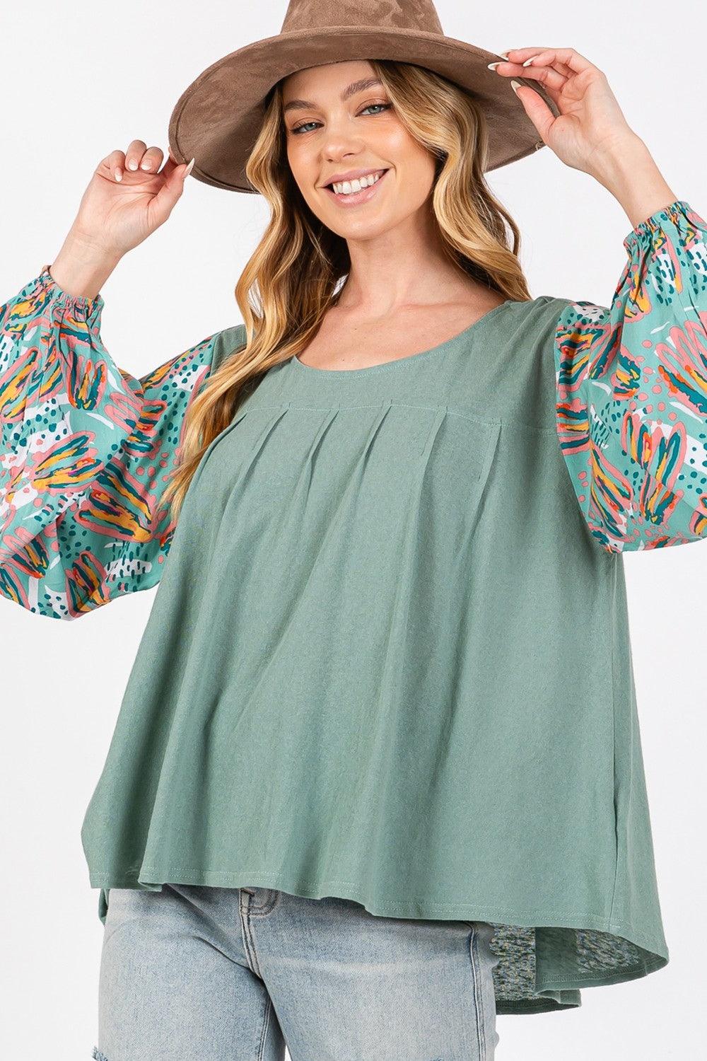 SAGE + FIG Ruched Round Neck Printed Bubble Sleeve Top Carauana Store