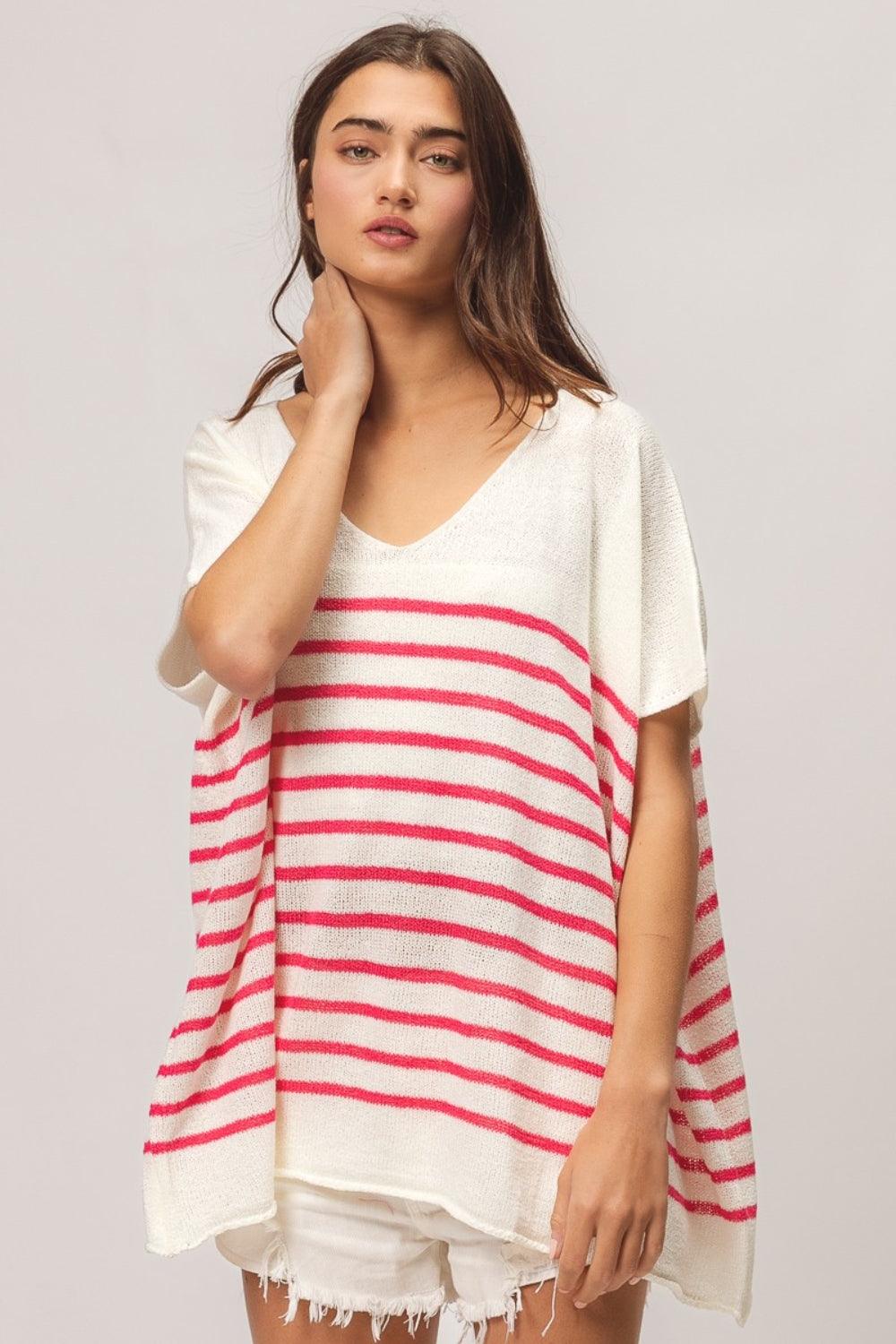 BiBi V Neck Striped Short Sleeve Top Carauana Store
