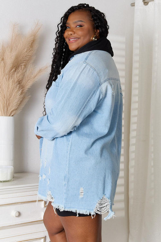 RISEN Full Size Distressed Raw Hem Denim Jacket Carauana Store