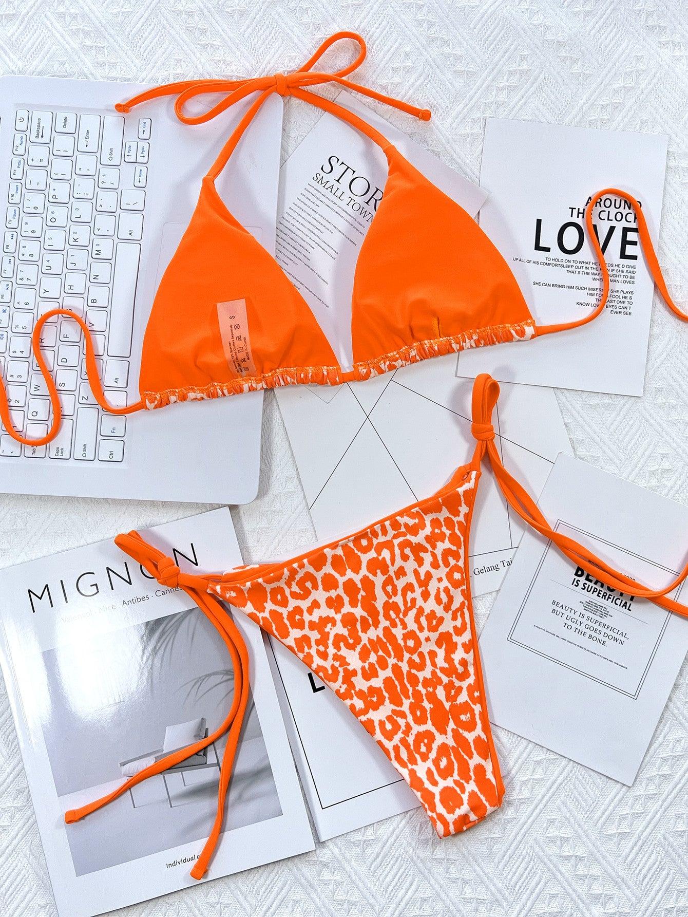 Leopard Print Halter Neck Tie Side Bikini Set Carauana Store
