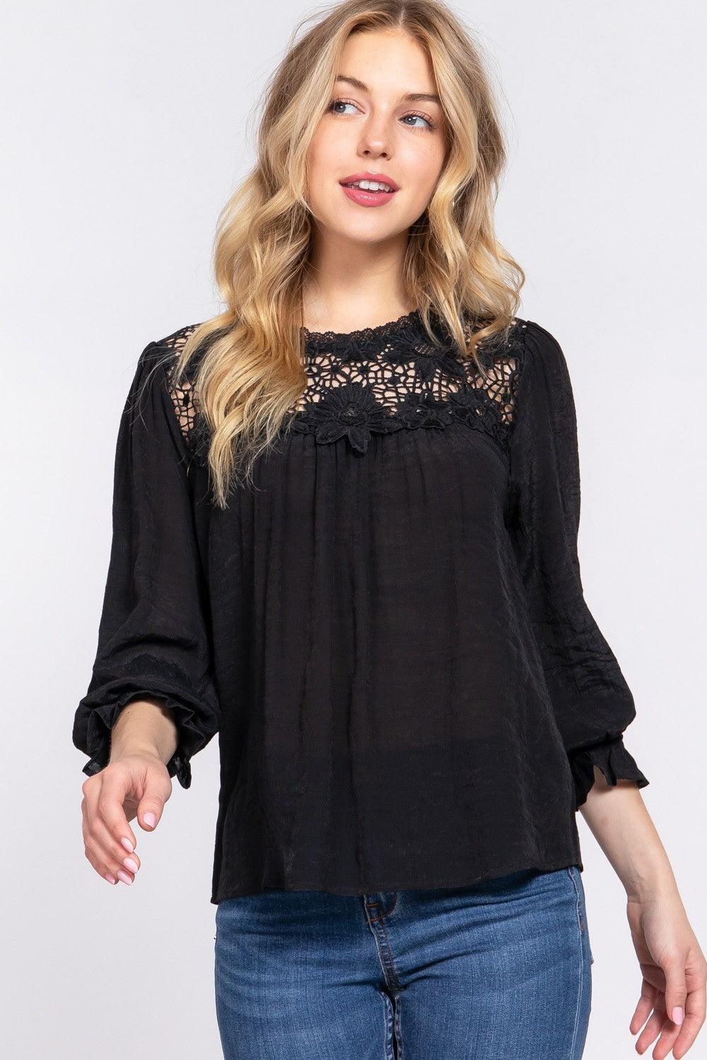 ACTIVE BASIC Crochet Lace Panel Flounce Sleeve Blouse Carauana Store