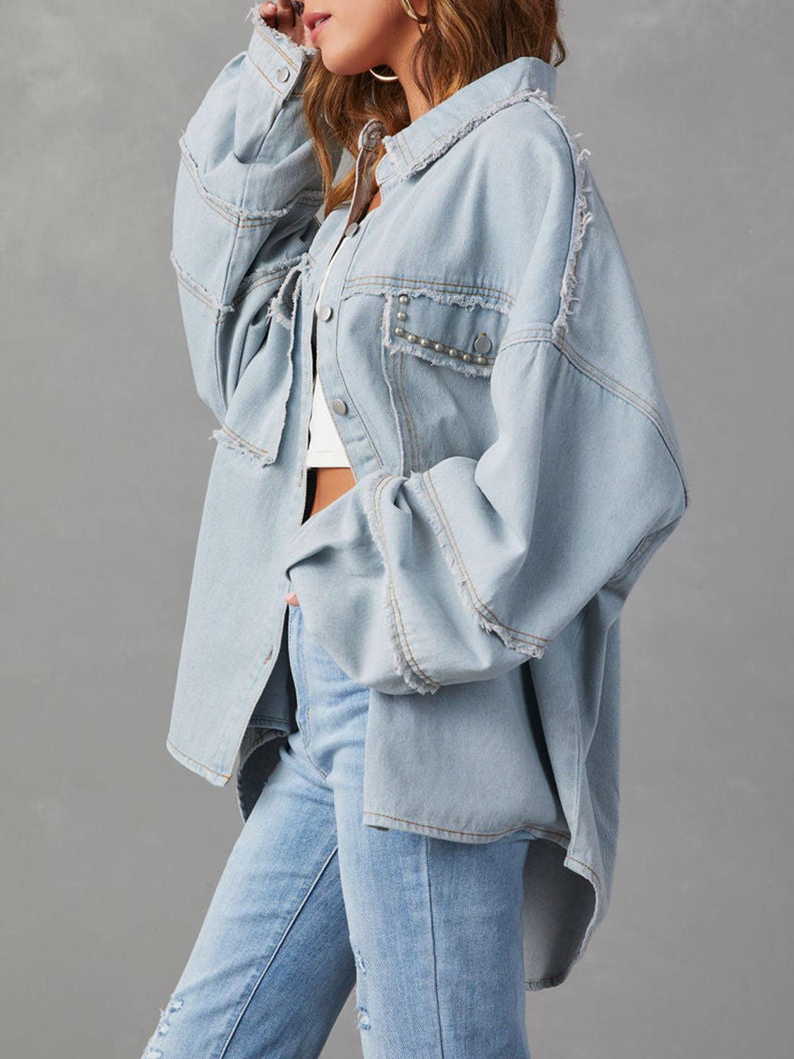 Button Down Raw Hem Denim Jacket Carauana Store